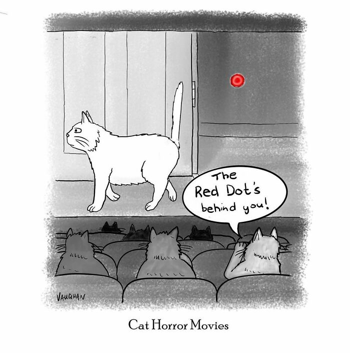 Cartoon showing cats watching a comedy scene with a cat and a red dot, highlighting comedy and comics humor.