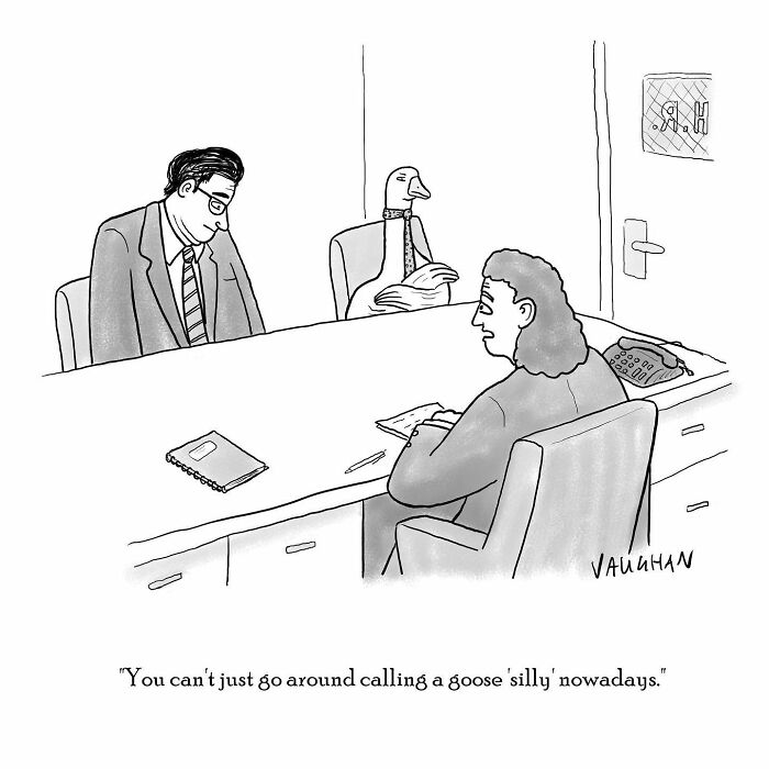 Cartoon showing a man and a goose in an office, highlighting comedy and humor in unique comic art.