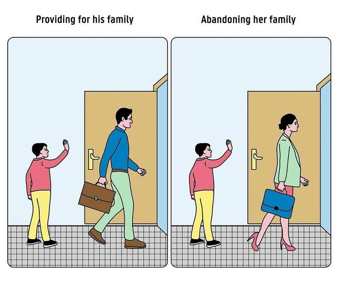 Studio Stoutpoep illustrations two-panel comic: man and woman leave with briefcases while child waves, satirizing gender bias