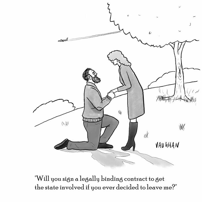 Man proposing to woman outdoors with a humorous comic style, illustrating how comedy can come from anywhere.