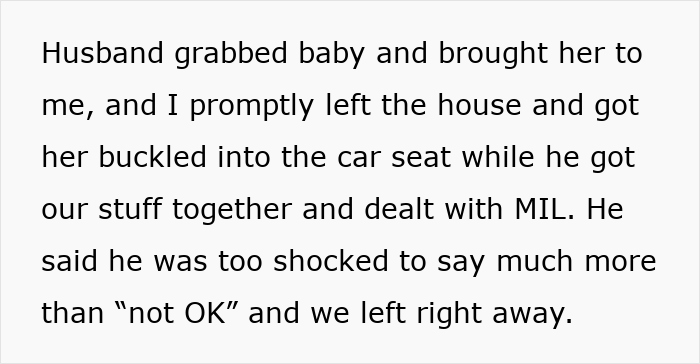 Text excerpt describing a husband dealing with MIL refusing baby name while leaving the house with baby safely buckled in car seat.
