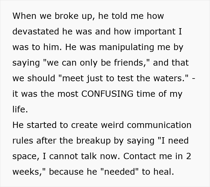 Text excerpt discussing a boyfriend fearing golddiggers and setting strange communication rules after breakup.