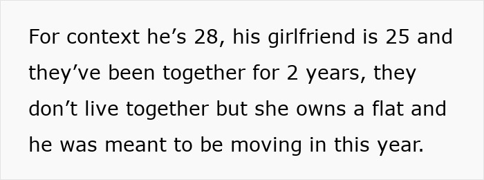 Text on white background explaining a 28-year-old man’s relationship and living situation with his 25-year-old girlfriend. Text on white background explaining a 28-year-old man’s relationship and living situation with his 25-year-old girlfriend.