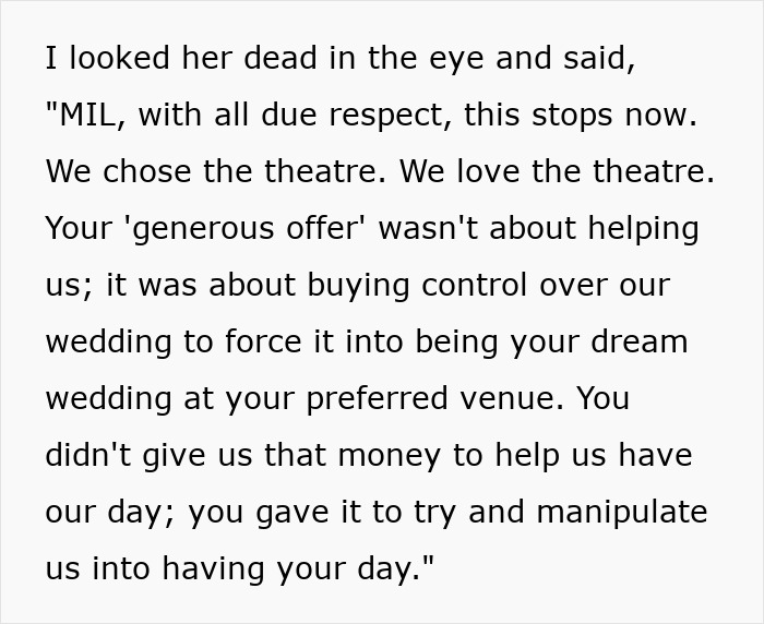 Text of a woman confronting her MIL, calling out her generous gift as a manipulative way to control their wedding plans. Text of a woman confronting her MIL, calling out her generous gift as a manipulative way to control their wedding plans.