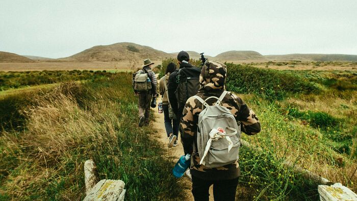 Group of people hiking on a trail through grassy hills, casting their vote on whether they did the right thing.