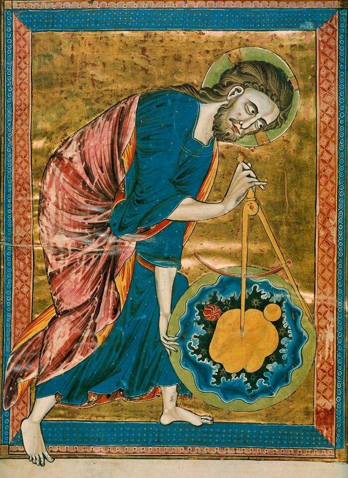 Medieval painting of a bearded man with a halo using a compass to measure a circular object with blue and gold details.