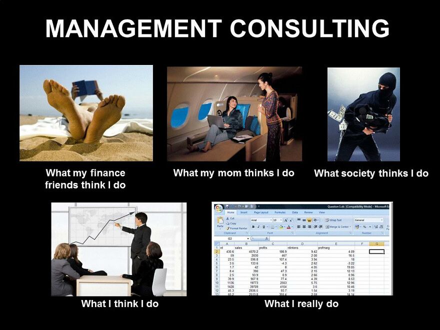 Management consulting work-life balance disasters shown through contrasting perceptions and reality in office and travel settings.
