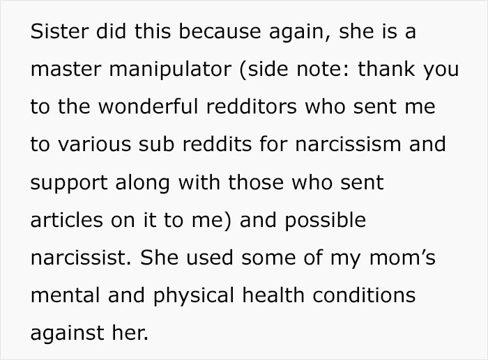 Text excerpt describing a sister as a master manipulator and possible narcissist, highlighting family conflict and betrayal.