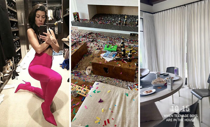 Messy and cluttered interior scenes from celebrity homes showing worn decor and scattered items, highlighting worst celebrity homes.