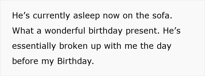 Text on white background describing a breakup after a guy claims food shopping is triggering and his girlfriend reacts to how he copes.