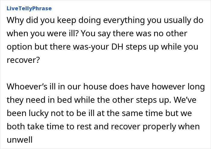 Text discussion about coping with an insufferable husband becoming difficult when he's sick and the wife's frustration. Text discussion about coping with an insufferable husband becoming difficult when he's sick and the wife's frustration.