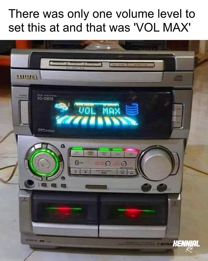 Vintage Aiwa stereo system with volume display at max, sparking nostalgia for Xenials and retro music lovers.