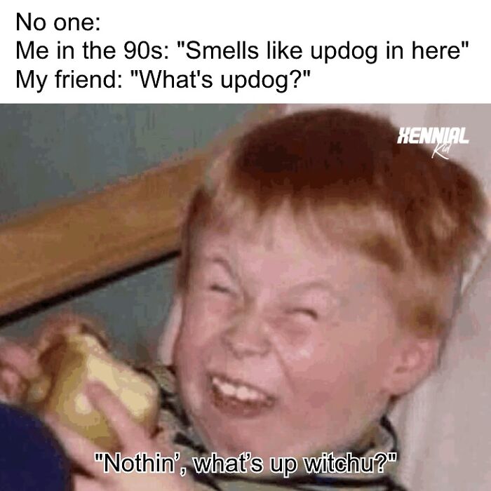 Red-haired child making a funny face eating a sandwich, a nostalgic meme for Xenials recalling 90s childhood humor.