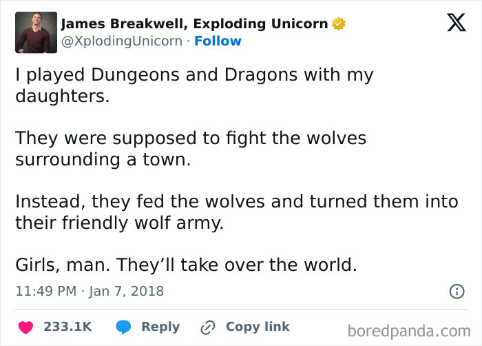 Tweet about daughters changing the game in Dungeons and Dragons, highlighting feminist posts calling out the patriarchy.