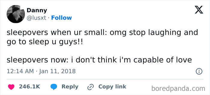 Tweet showing a humorous therapy meme about childhood sleepovers vs adult emotional struggles, relatable for therapy meme fans.