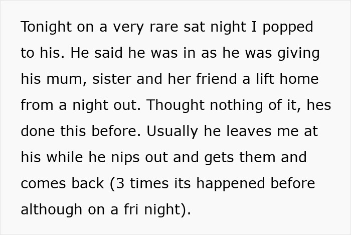 Text screenshot describing a woman&rsquo;s casual boyfriend giving family a lift home, revealing clues in a 3-year situationship.