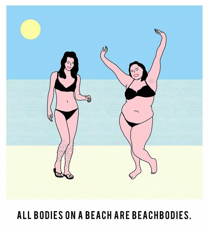 Studio Stoutpoep illustrations of two women in black bikinis on a beach, celebrating body positivity