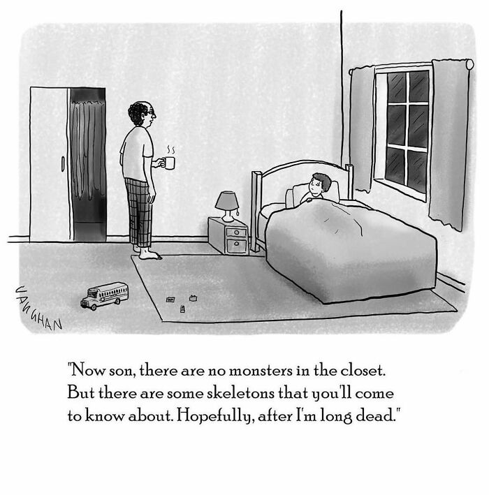 Father holding a cup talking to son in bed, illustrating how comedy can come from anywhere in a comic style.