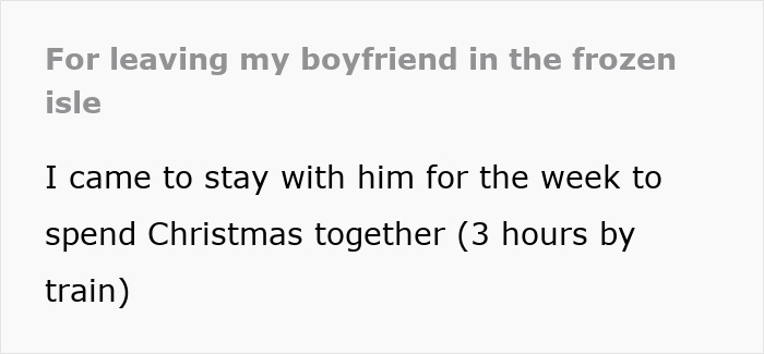 Text post titled For leaving my boyfriend in the frozen isle describing a Christmas visit experience related to food shopping triggers.