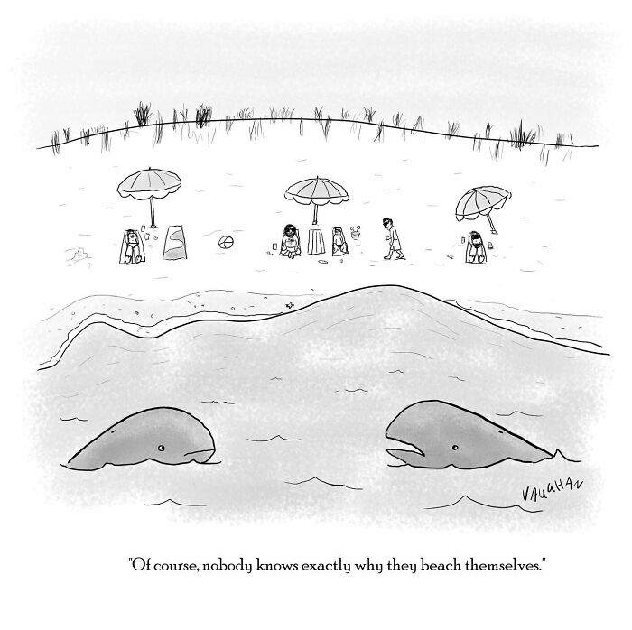 Cartoon by artist showing two whales in water near a beach with people and umbrellas, highlighting comedy from an artist.