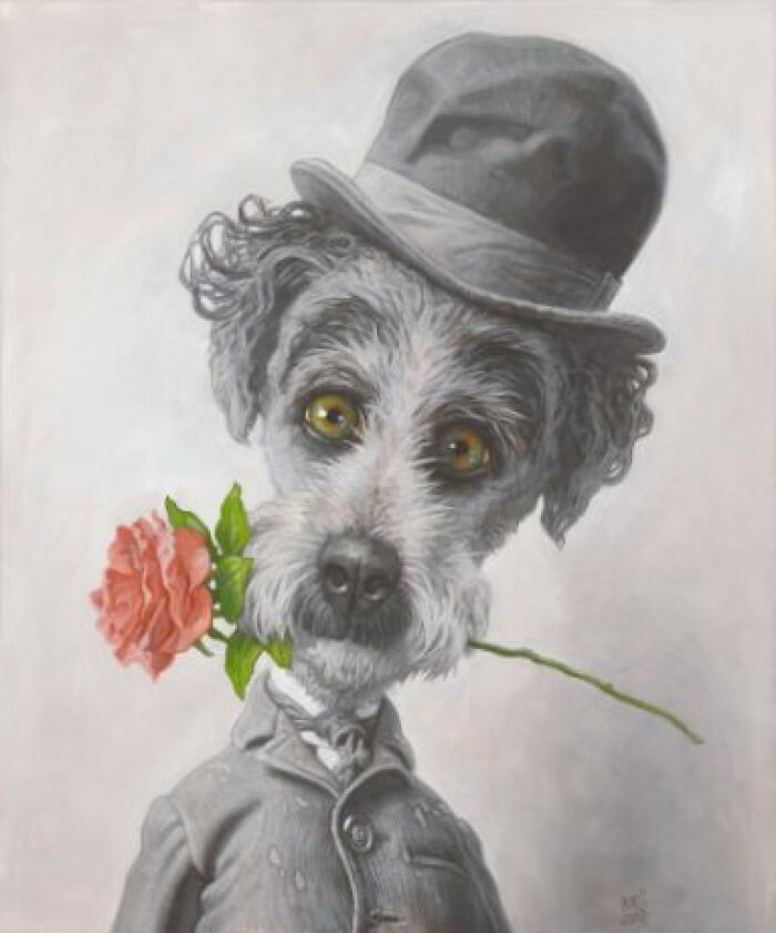 Pop culture icons as dogs caricature: scruffy dog in bowler hat and coat holding a rose