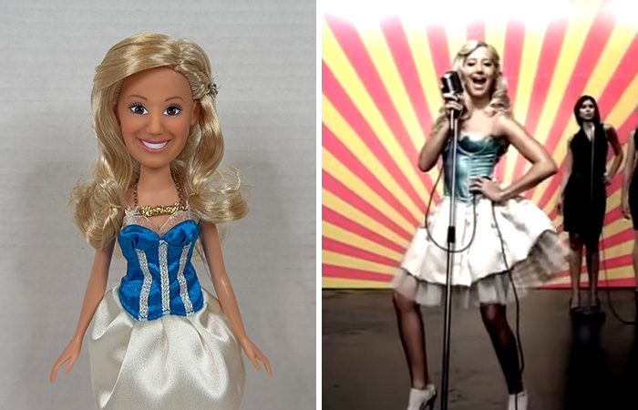 Celebrity doll with exaggerated features in blue and white dress, illustrating offensively ugly celebrity dolls discussed by YouTuber.