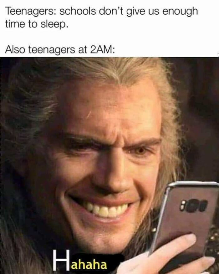 Teenager complaining about lack of sleep while secretly staying up late on phone, a funny distraction meme screenshot.