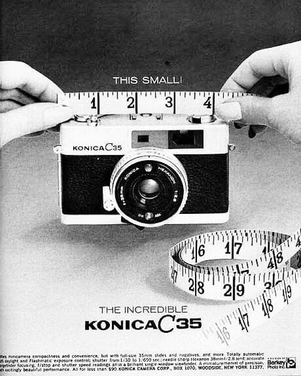 Vintage ad showing a compact Konica C35 camera measured with a tape, highlighting size in vintage ads and changing values.