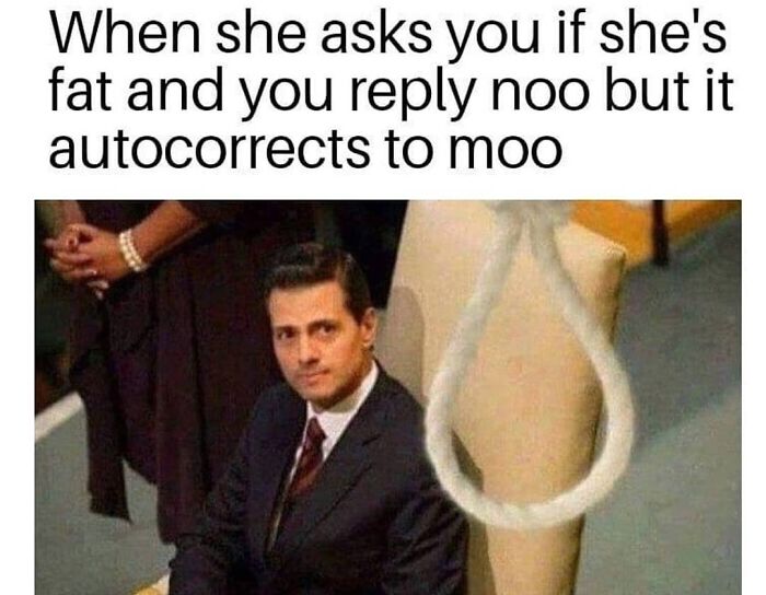 Man in suit looking nervous next to a noose, funny screenshot illustrating autocorrect fail for SEO keyword funny screenshots.