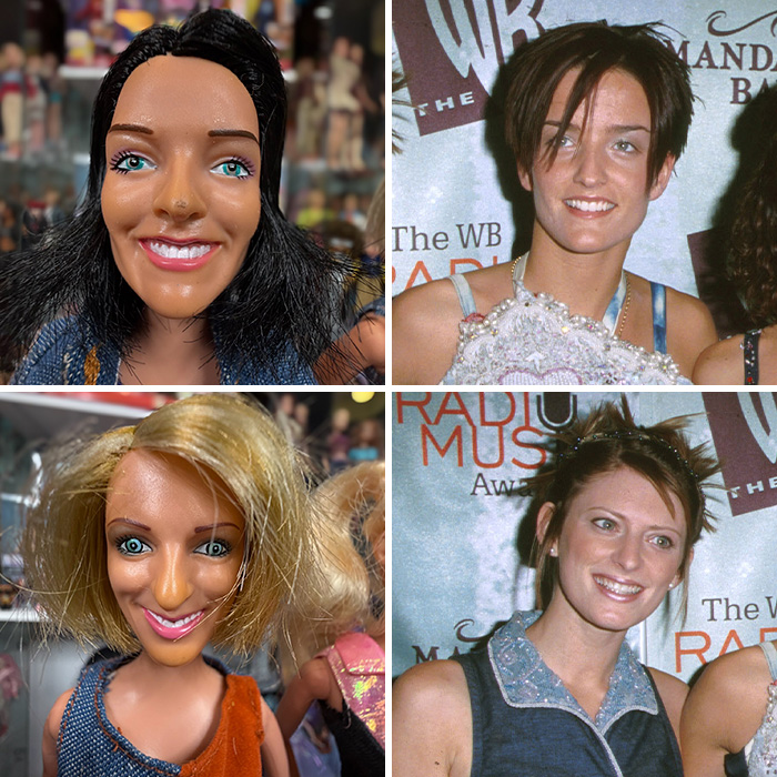 Collage showing offensively ugly celebrity dolls with distorted features alongside original celebrity photos at an event.