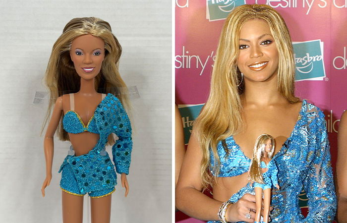 Celebrity doll in blue outfit beside celebrity holding the doll, illustrating offensively ugly celebrity dolls.