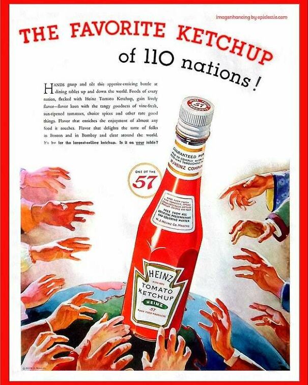 Vintage ad showing a Heinz ketchup bottle with many hands reaching for it, illustrating changing values over time.