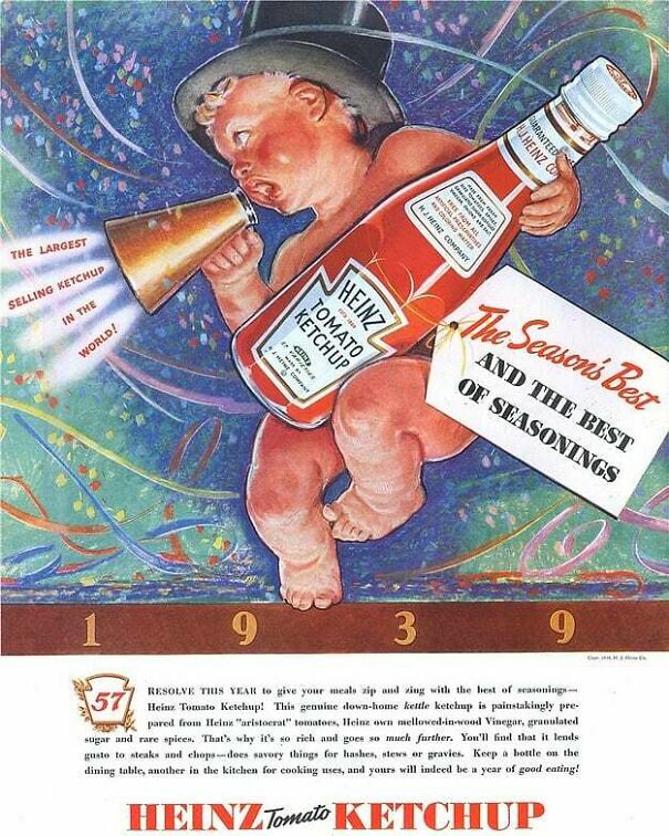 Vintage Heinz ketchup ad from 1939 featuring a cherub holding a bottle, highlighting changing and enduring values in vintage ads.