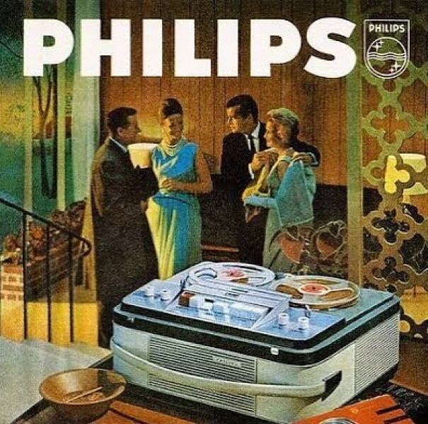 Vintage Philips ad showing a 1960s social gathering with retro reel-to-reel tape recorder highlighting vintage ads values.