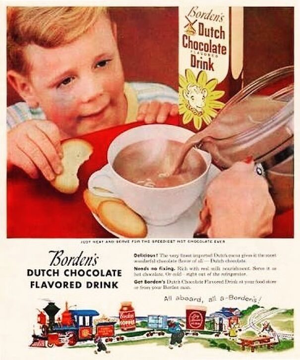 Vintage ad of a boy enjoying Borden’s Dutch Chocolate flavored drink, highlighting changing values in vintage ads.