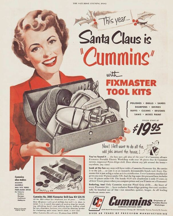 Vintage ad showing a woman holding a Fixmaster tool kit promoting Cummins brand values over time.