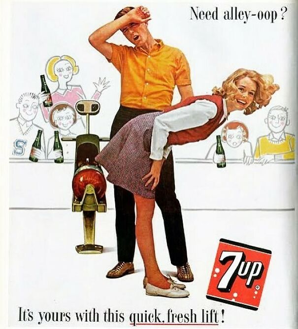 Vintage ad showing a man and woman bowling with 7up bottles, illustrating changing values in vintage ads over time.