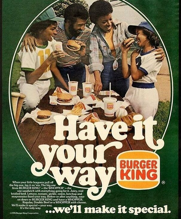 Vintage Burger King ad showing a family enjoying classic fast food, reflecting changing values over time in vintage ads.