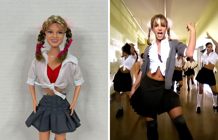 Celebrity doll with braided hair and schoolgirl outfit next to a music video scene, related to offensively ugly celebrity dolls.