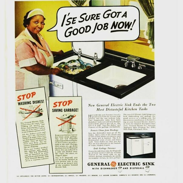Vintage ads showing a woman using a General Electric sink highlighting changed and consistent values over time