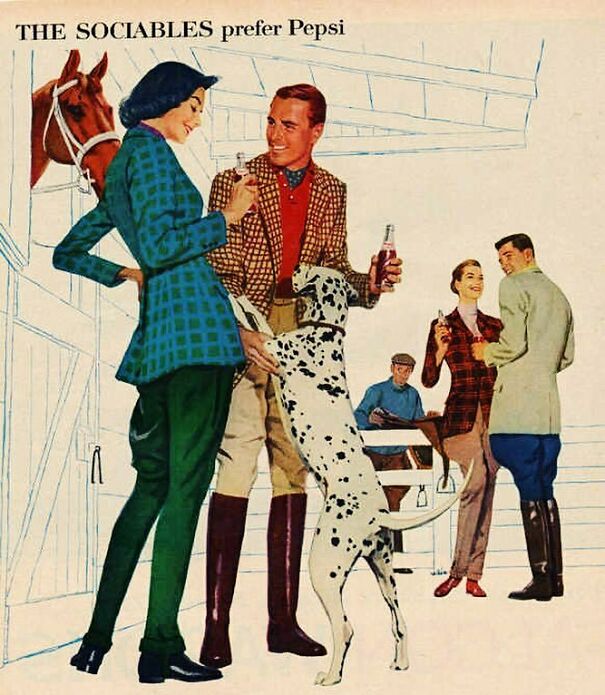 Vintage ad showing stylish people with a Dalmatian dog enjoying Pepsi, reflecting changing and lasting values over time.