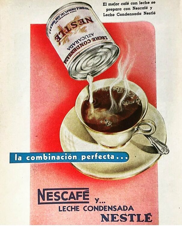 Vintage ad showing condensed milk poured into steaming coffee in a cup, illustrating changing values in vintage ads.