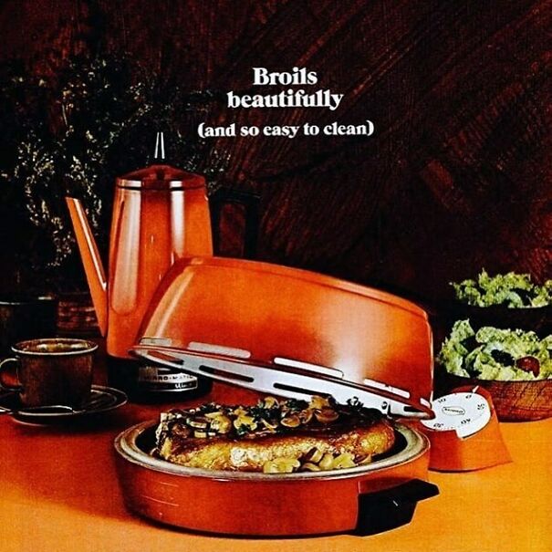 Vintage ad featuring a copper broiler with cooked steak, highlighting changing values in vintage ads over time.
