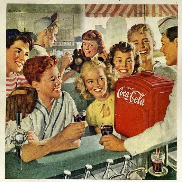 Group of teens enjoying vintage Coca-Cola drinks at a soda fountain, illustrating vintage ads and changing values over time