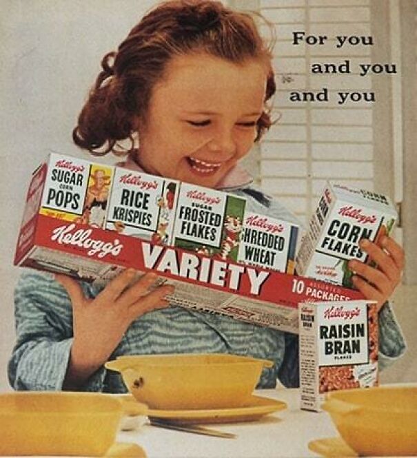 Vintage ads showing a smiling girl holding a Kellogg’s variety cereal pack reflecting changing values over time.