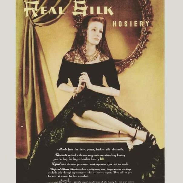 Vintage ads featuring real silk hosiery showcasing changing and lasting values through classic fashion and elegance over time.