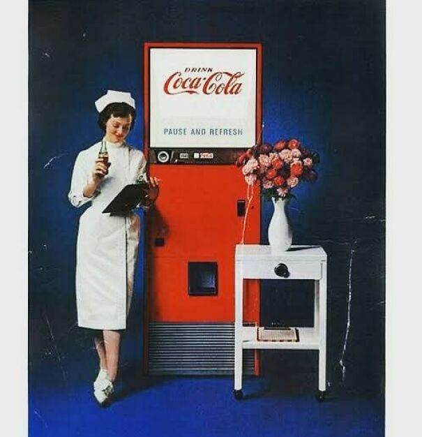 Vintage ads showing a nurse with a classic Coca-Cola machine, reflecting values that changed and stayed the same over time.