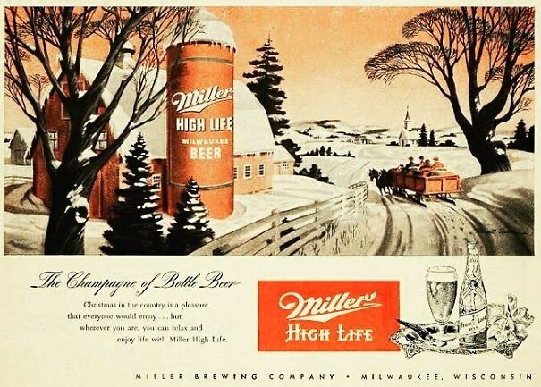 Vintage beer ad showing a winter countryside scene with a sleigh, highlighting changing and enduring values in vintage ads.