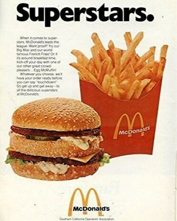 Vintage ad showing a McDonald's burger and fries highlighting classic fast food values that stayed the same over time