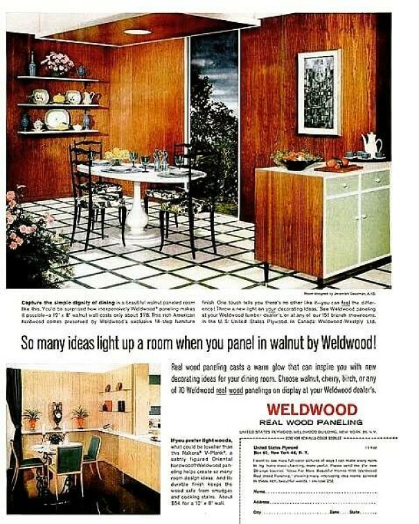 Vintage ad showing walnut wood paneling in a dining room illustrating changing and enduring home decor values.